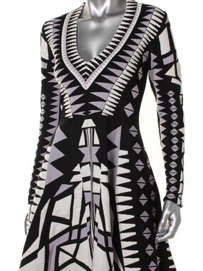 Parker Black & White Geometric V-Neck Long Sleeve Dress